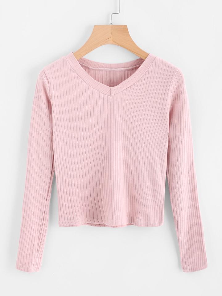 Romwe V Neckline Ribbed Tee