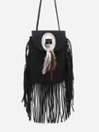 Romwe Black Feather Embellished Fringe Trim Flap Bag