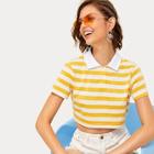 Romwe Striped Double Button Polo Neck Crop Tee