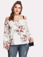 Romwe Trumpet Sleeve Tie Front Floral Bardot Top