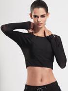 Romwe Fishnet Mesh Raglan Sleeve Crop T-shirt With Thumb Holes
