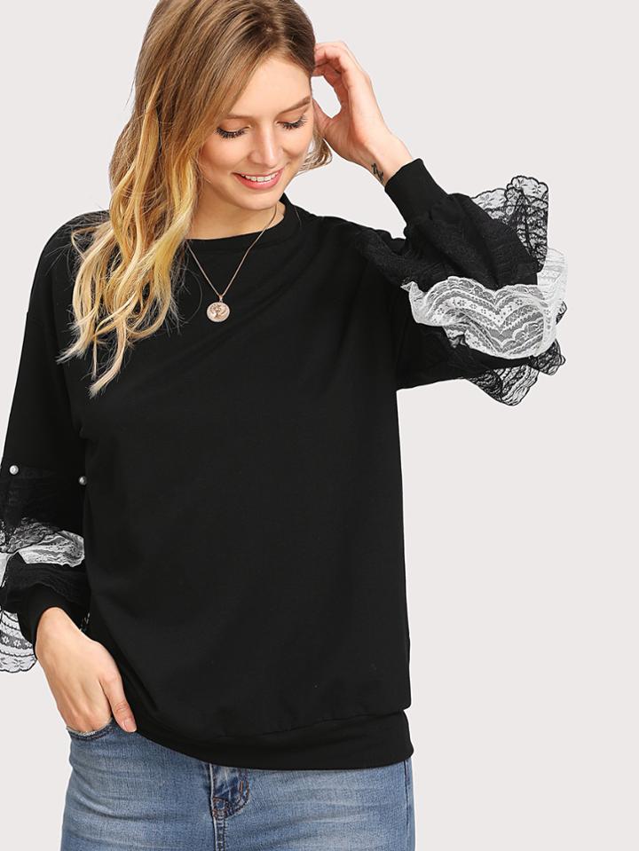 Romwe Pearl And Layered Lace Detail Pullover