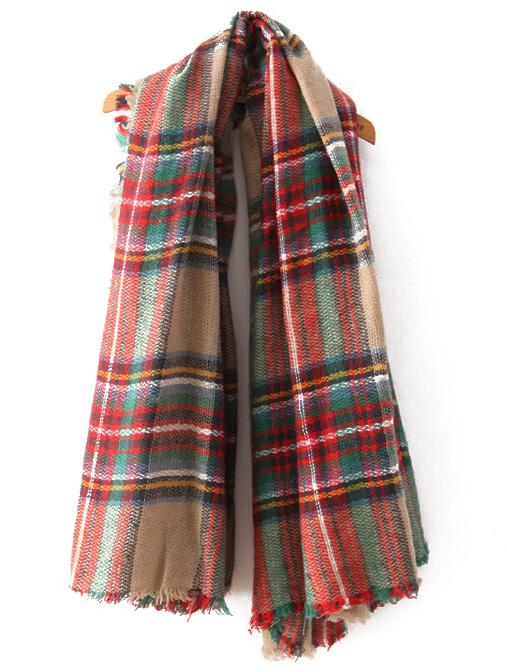 Romwe Check Print Tassel Khaki Scarf