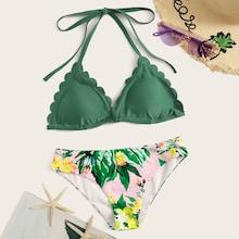 Romwe Scallop Halter Top With Random Plants Print Bikini