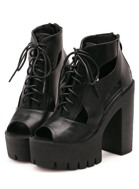 Romwe Black Cutout Lace Up Platform High Heeled Pumps