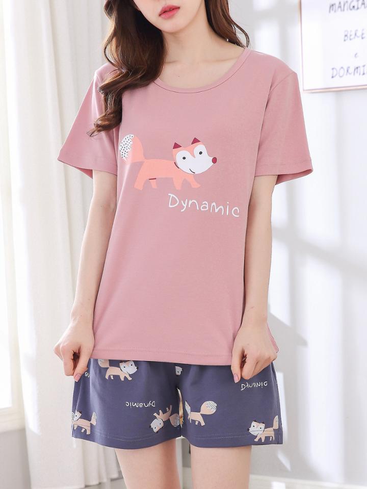 Romwe Fox Print Tee & Shorts Pj Set
