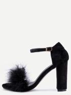 Romwe Black Velvet Peep Toe Feather Trim Ankle Strap Sandals
