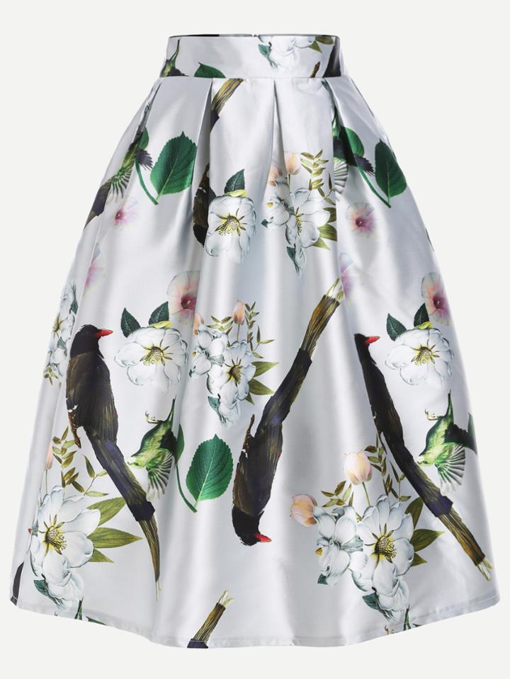Romwe White Flower And Bird Print Box Pleated Skirt