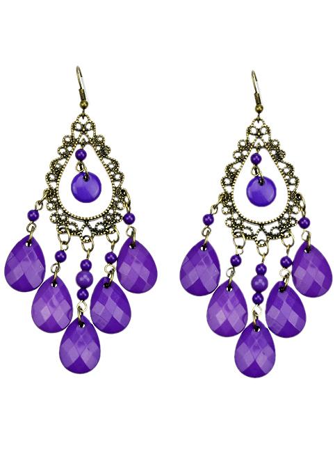 Romwe Purple Tassel Rhinestone Water Drop Bead Earring