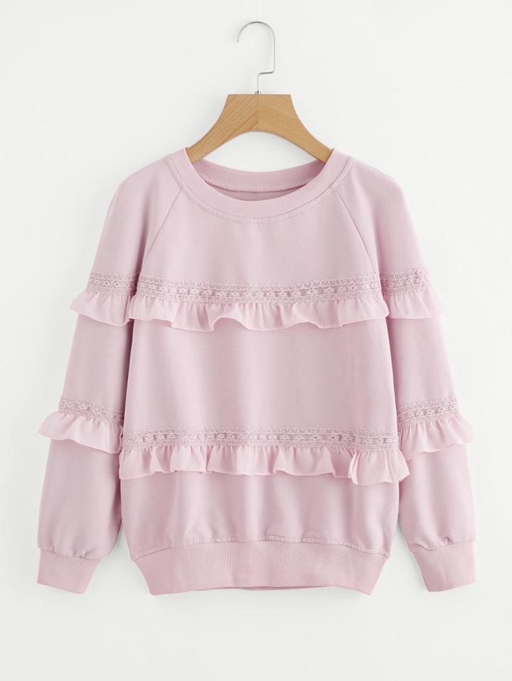 Romwe Crochet Detail Tiered Frill Trim Raglan Sweatshirt