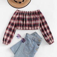 Romwe Tartan Plaid Off Shoulder Blouse