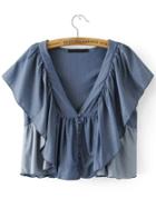 Romwe Butterfly Sleeve Plunging V-neckline Ruffle Top