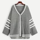 Romwe Drop Shoulder Single Breasted Striped Sweater Coat