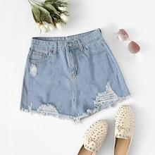 Romwe Button Waist Ripped Denim Shorts