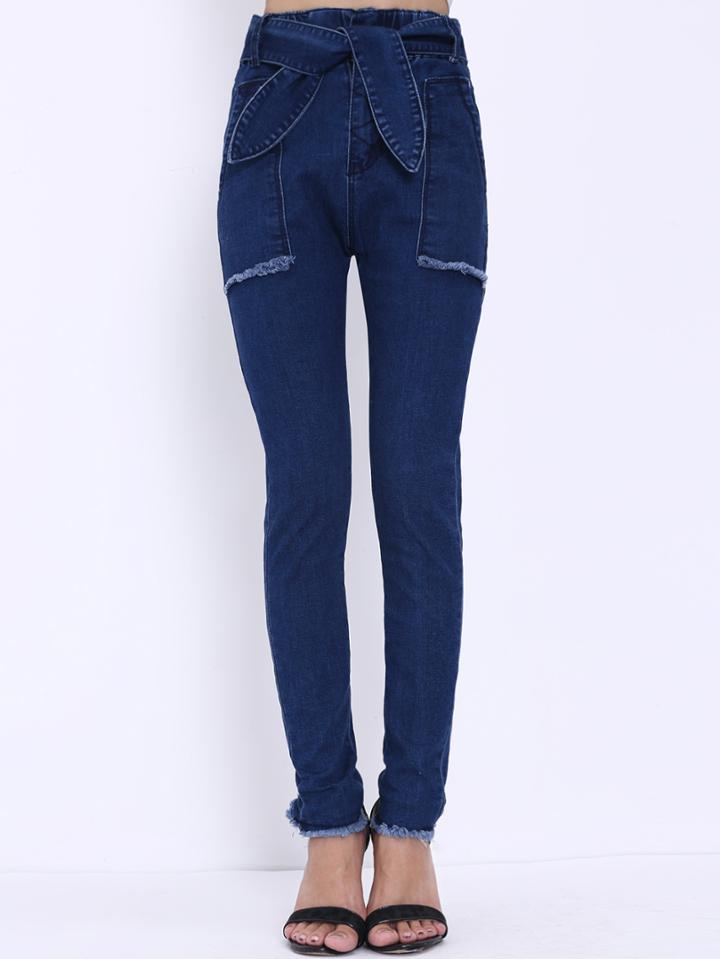 Romwe Frayed Belt Denim Pant