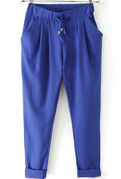 Romwe Drawstring With Pockets Harem Blue Pant