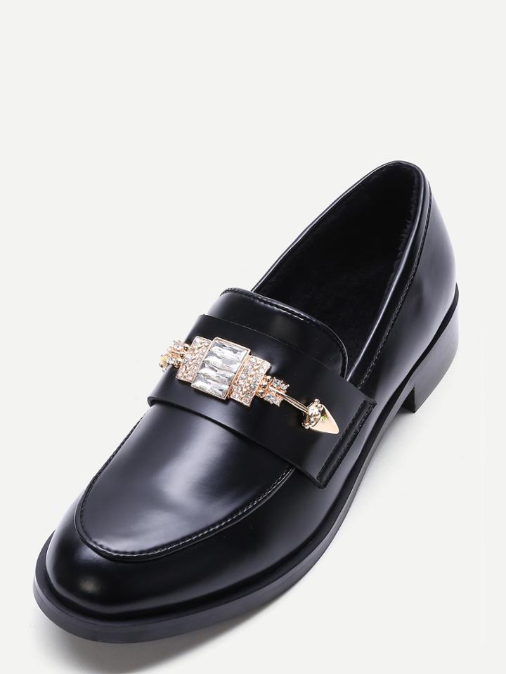 Romwe Black Faux Leather Embellished Loafer Flats