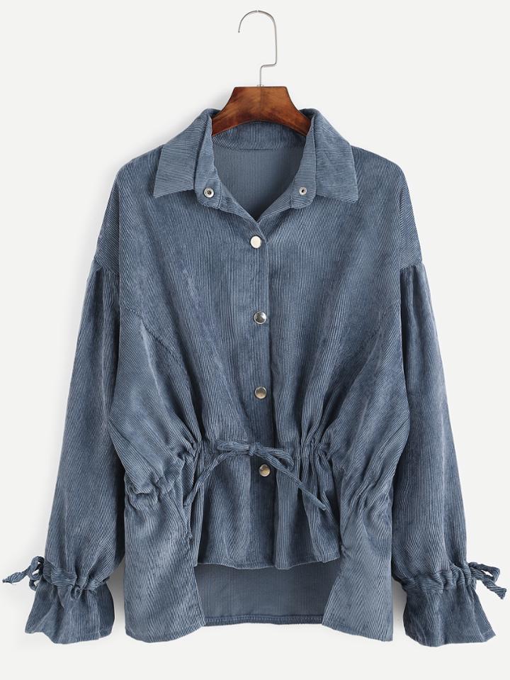 Romwe Blue Dropped Shoulder Seam Drawstring Coat