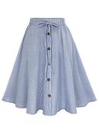 Romwe Blue Vertical Striped Buttoned Front Skirt
