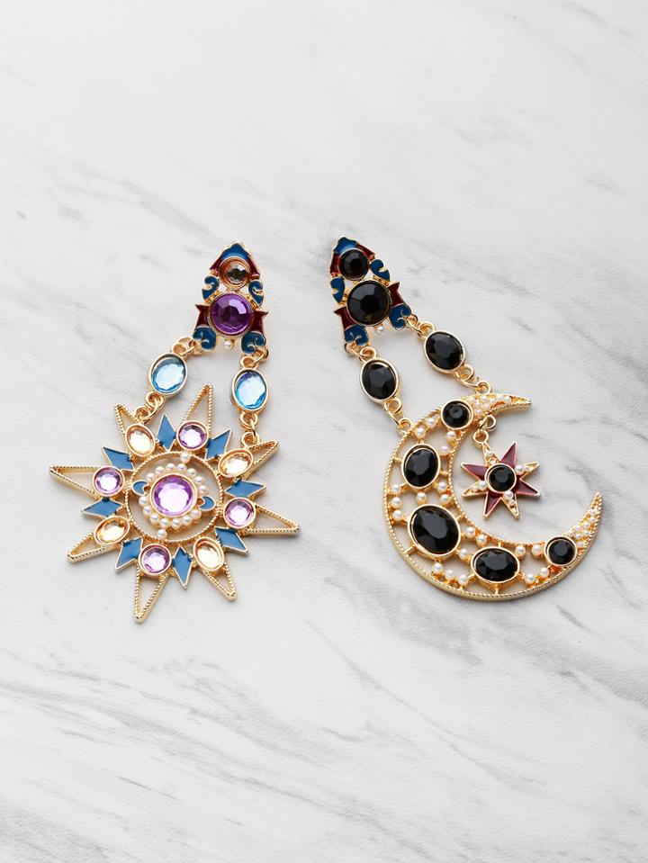 Romwe Gemstone Embellished Star And Moon Shaped Earrings