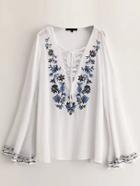 Romwe White Embroidery Lace Up Bell Sleeve Blouse