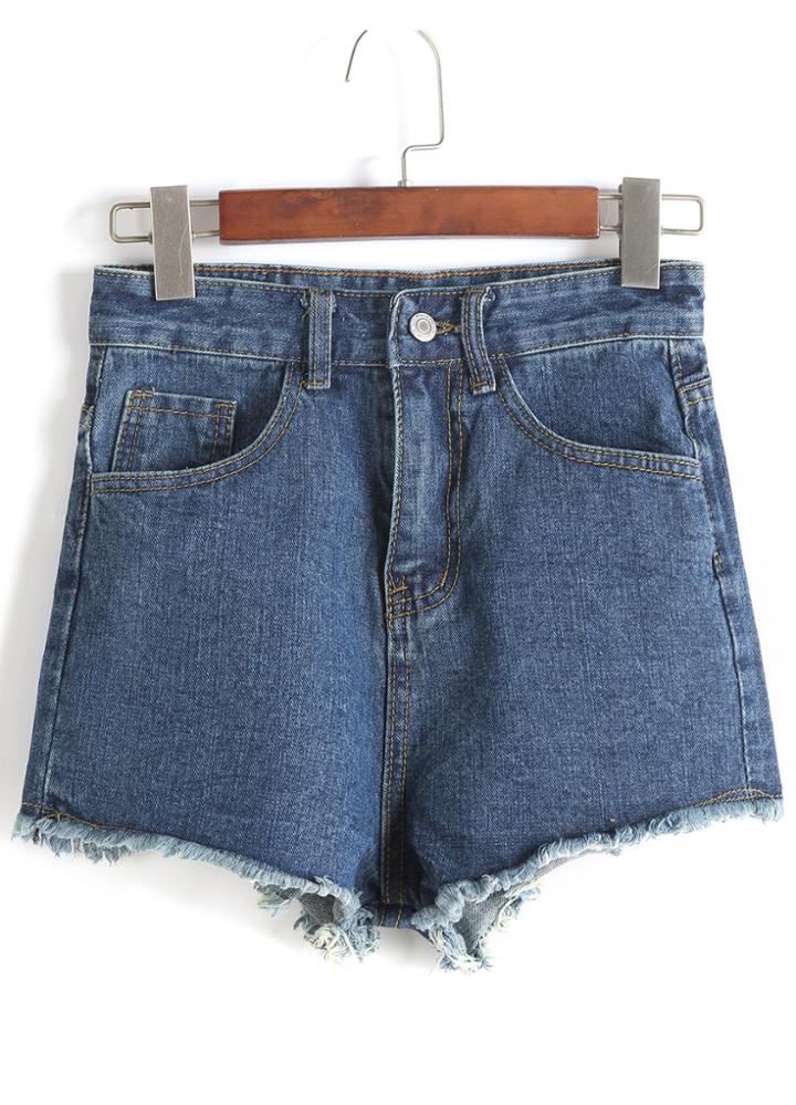 Romwe Fringe Denim Blue Shorts