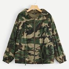 Romwe Zip Up Hooded Drawstring Waist Camo Utility Jacket