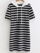 Romwe Contrast Striped Drawstring Hooded Tee Dress