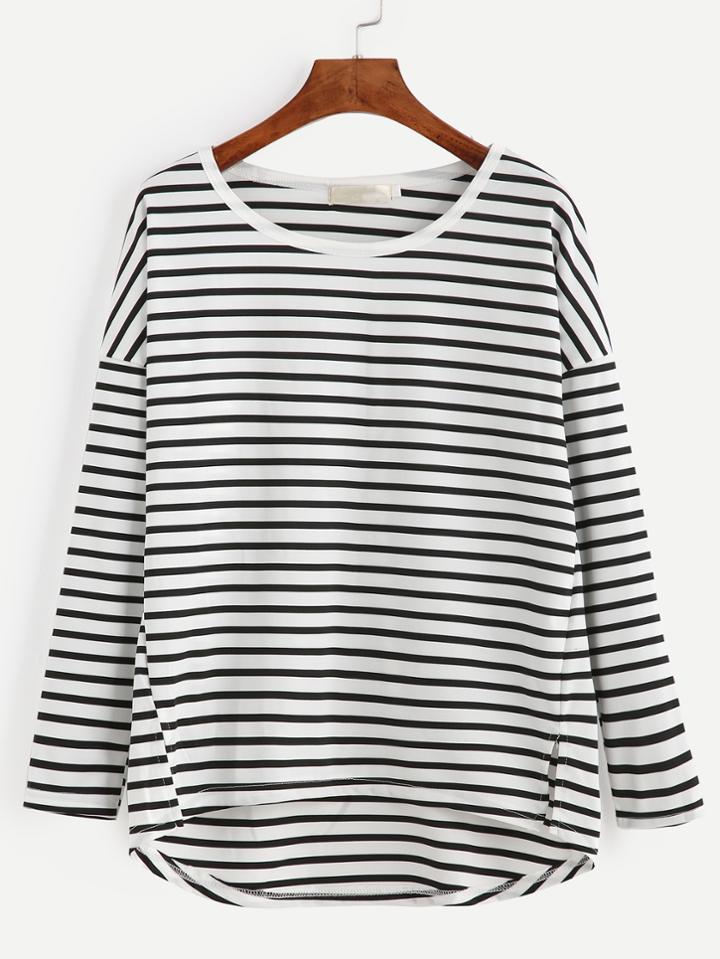 Romwe Black White Striped Drop Shoulder Dip Hem T-shirt