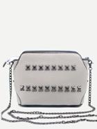 Romwe Grey Pebbled Pu Zip Closure Studded Chain Bag