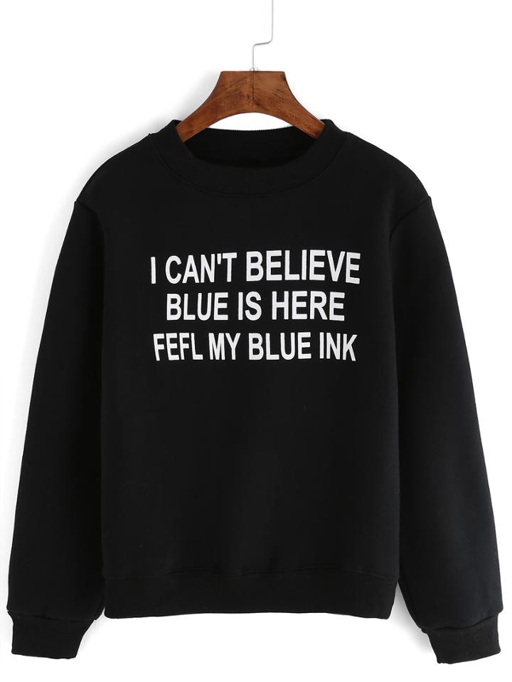 Romwe Crew Neck Letter Print Black Sweatshirt