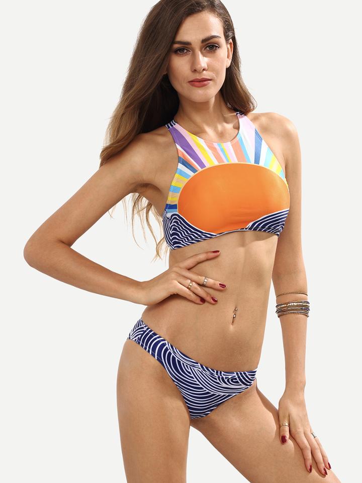 Romwe Multicolor Printed Racerback Bikini Set