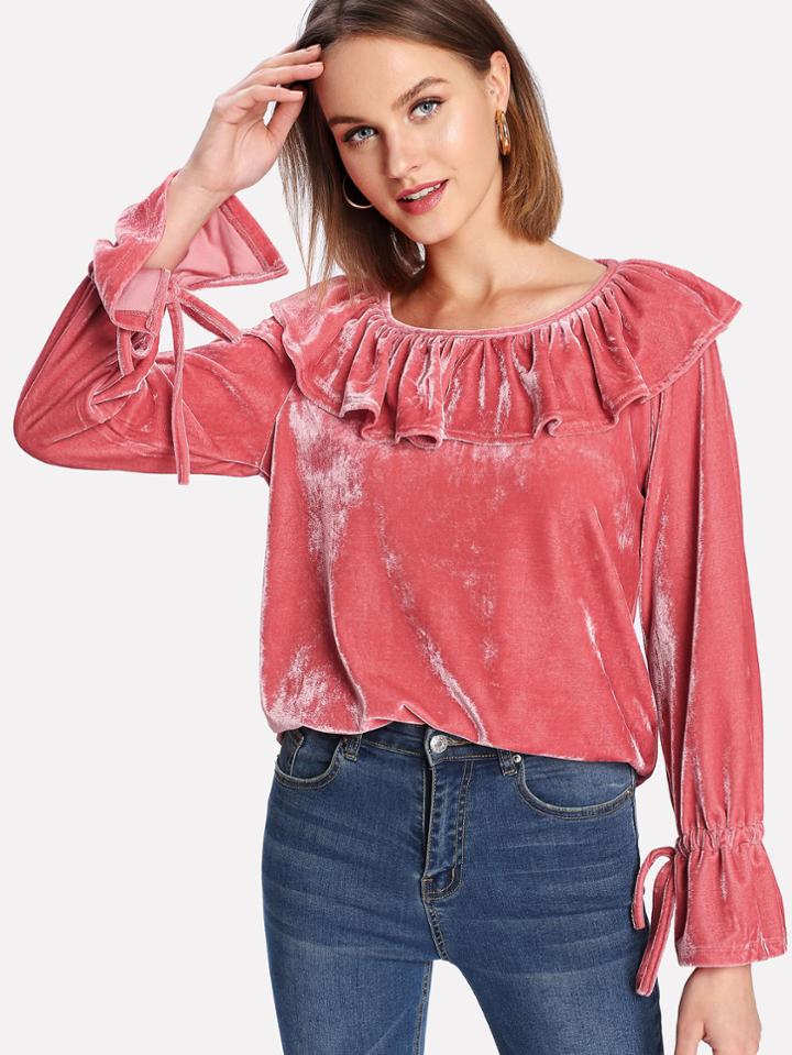 Romwe Flounce Neck Bell Cuff Velvet Top