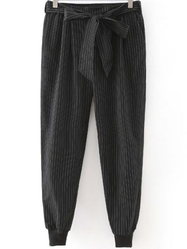 Romwe Vertical Striped Belt Black Pant