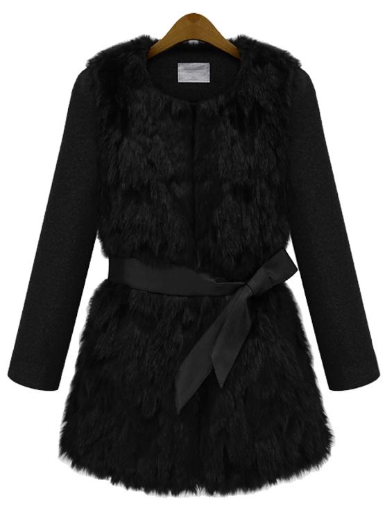 Romwe Contrast Faux Fur Belt Coat