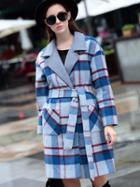 Romwe Multicolor Lapel Long Sleeve Tie-waist Check Print Pockets Coat