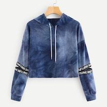 Romwe Drawstring Hoodie Tie Dye Cut Out Sleeve Sweatshirt