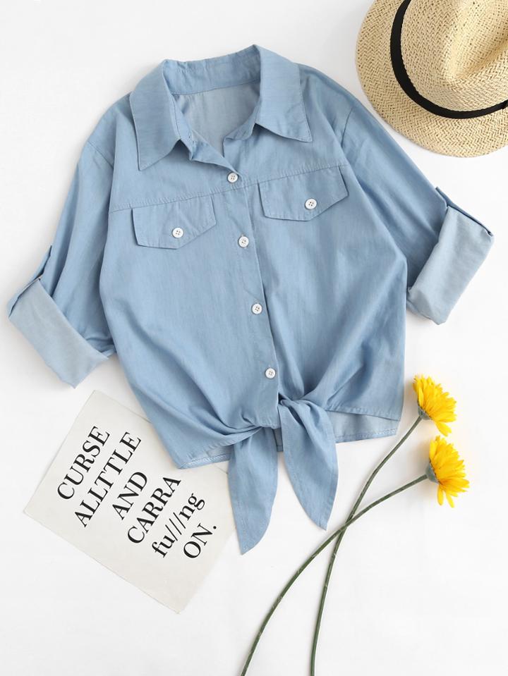 Romwe Roll Tab Sleeve Tie Hem Chambray Shirt