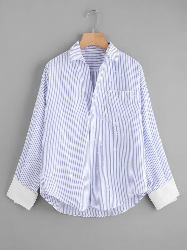 Romwe Contrast Cuff Splatter Print Striped Shirt