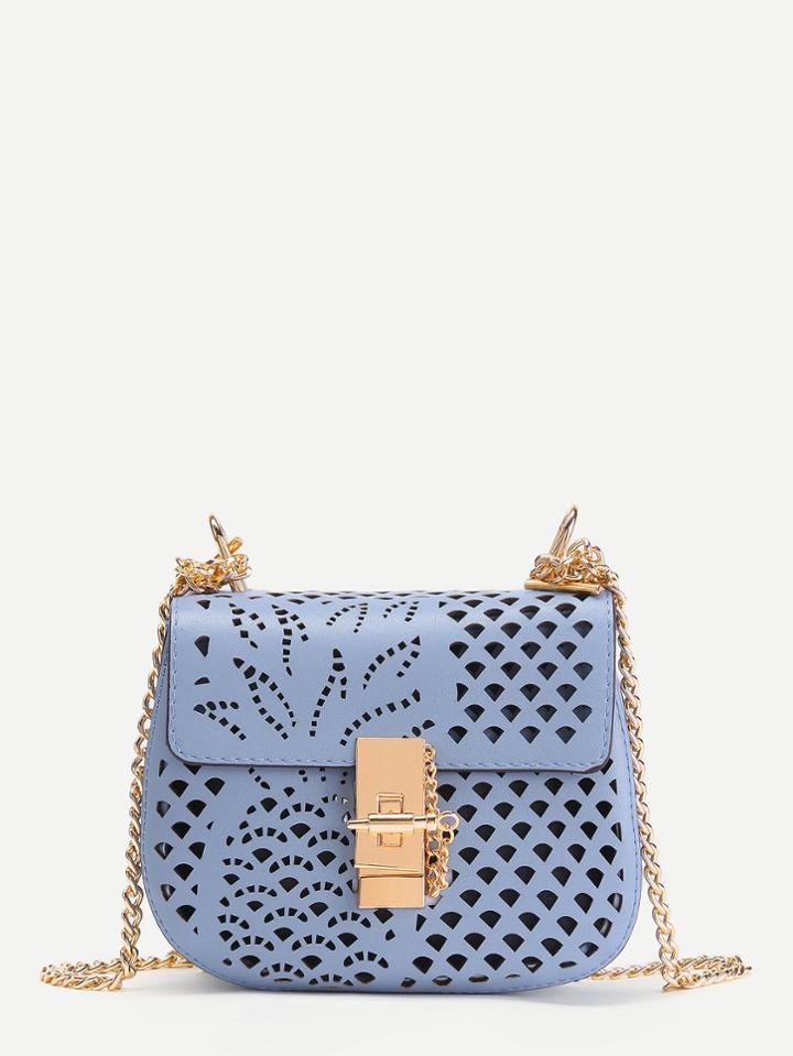 Romwe Laser Cut Design Pu Crossbody Bag With Chain
