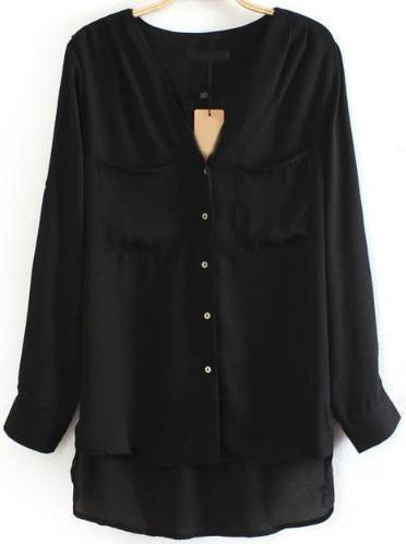 Romwe V Neck Pockets Dipped Hem Black Blouse