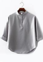 Romwe Stand Collar With Buttons Chiffon Grey Top