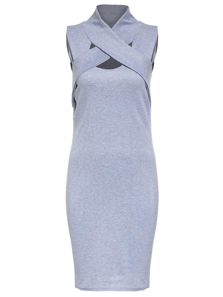 Romwe Criss Cross Grey Pencil Dress