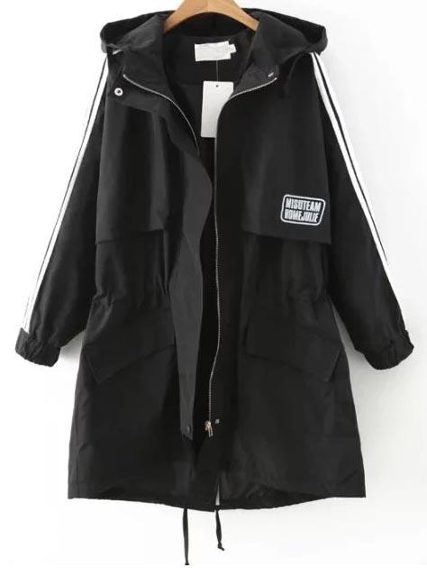 Romwe Black Striped Hooded Drawstring Coat