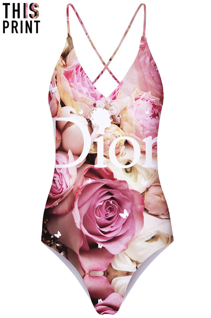 Romwe This Is Print Rose Print Halter Top Single Piece Swimsuit