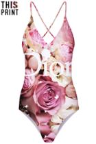 Romwe This Is Print Rose Print Halter Top Single Piece Swimsuit
