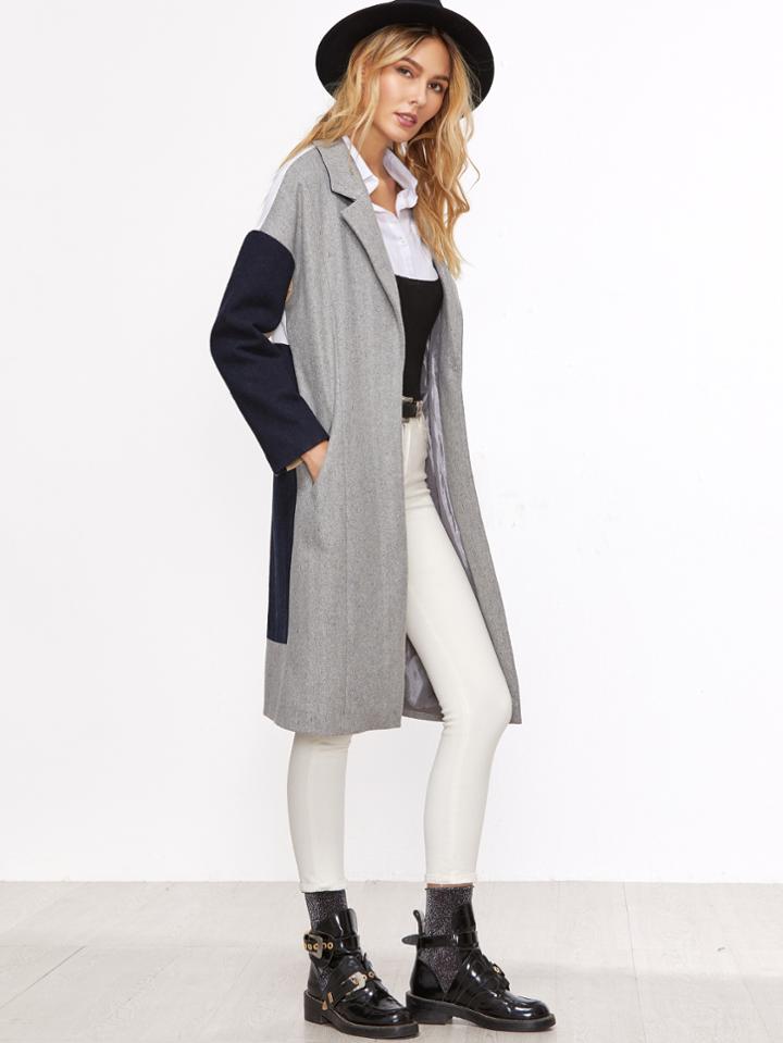 Romwe Color Block Drop Shoulder Hidden Button Coat