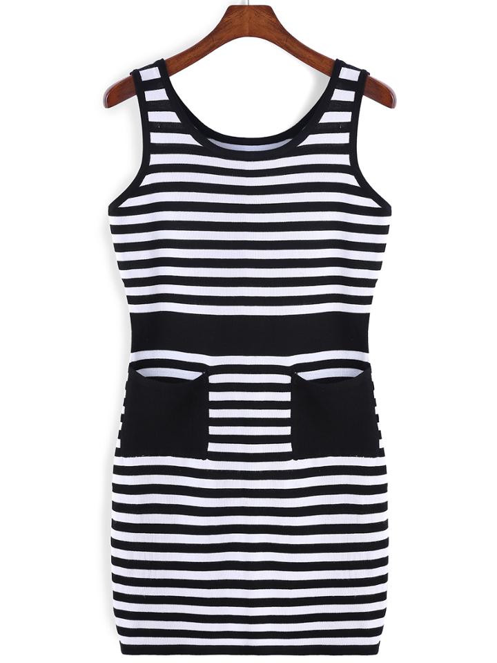 Romwe Sleeveless Striped Pocket Knit Dress