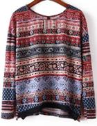 Romwe Round Neck Vintage Print Split Side Sweater