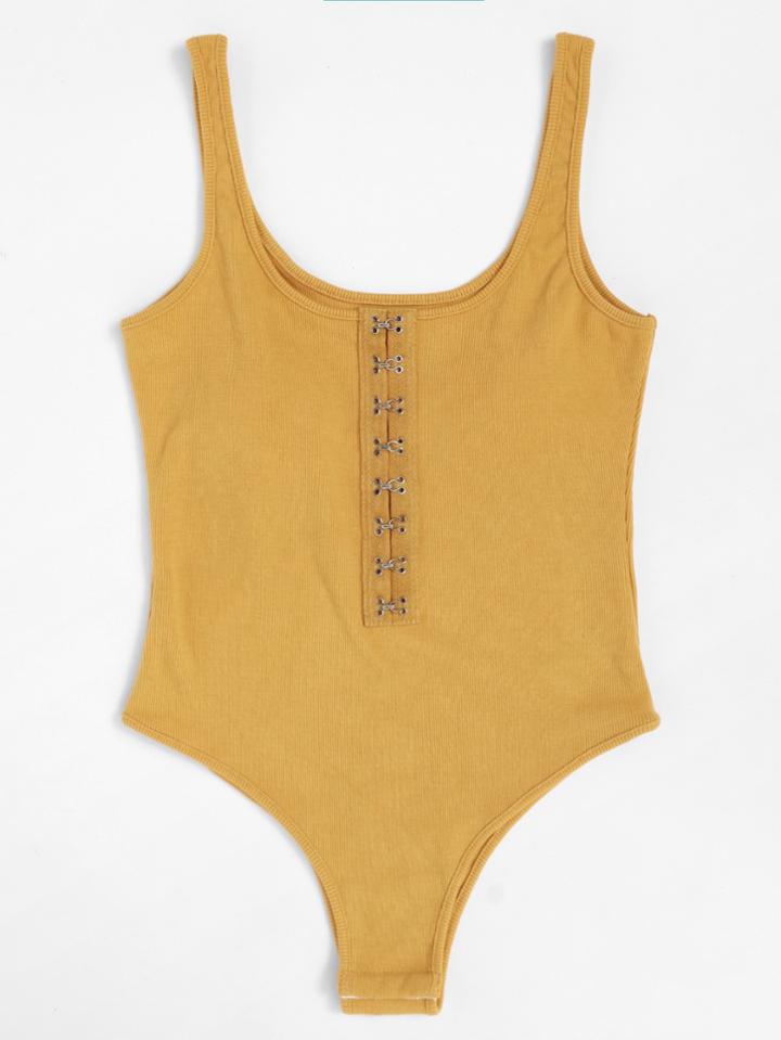 Romwe Metal Hook Design Double Scoop Swimsuit